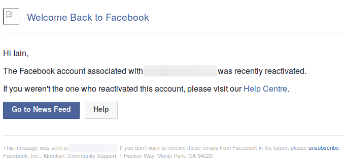 Screenshot of the email I received from Facebook